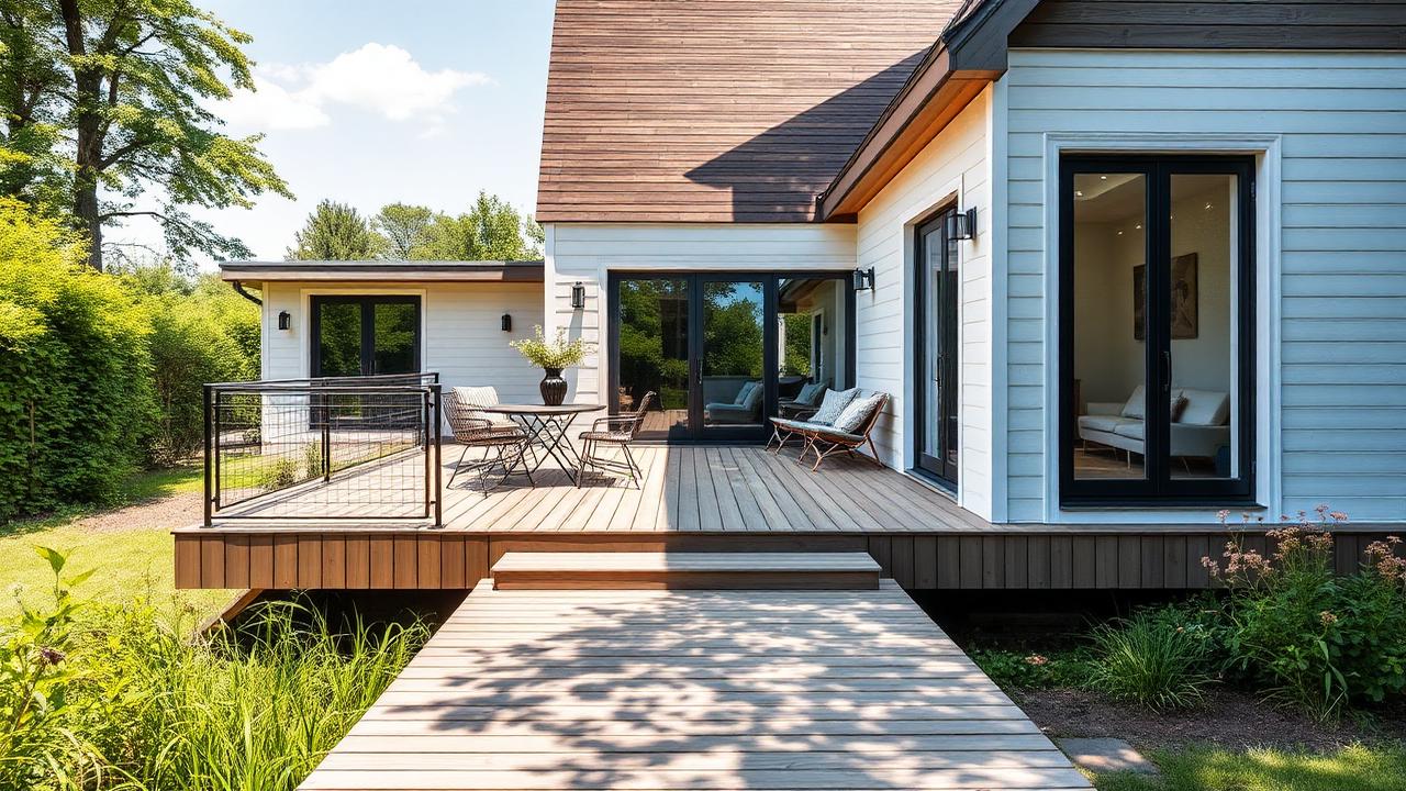 Modern altan i trä med matplats på Scandinavisk villa